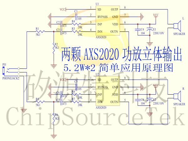 Simple application schematic diagram of two AXS2020 power amplifiers with dual channel stereo output 5.2w*2